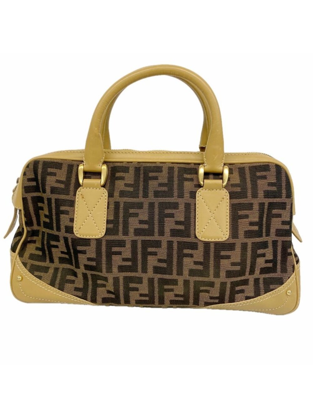 Fendi Handbag Zucca Nylon Canvas Brown Beige Gold